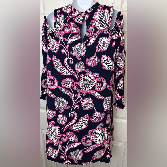 CROWN & IVY Ruffle Neck Cold Shoulder Dress Navy Blue Pink White Floral Paisley - Picture 11 of 13